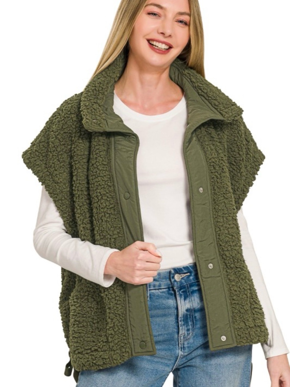 Zenana Olive Sherpa Layering Vest with Snap Front